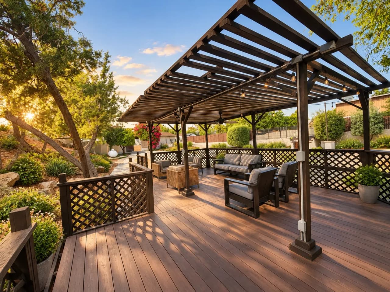Richards deck under a wood pergola with string lights, outdoor sofas, and a view of the hills