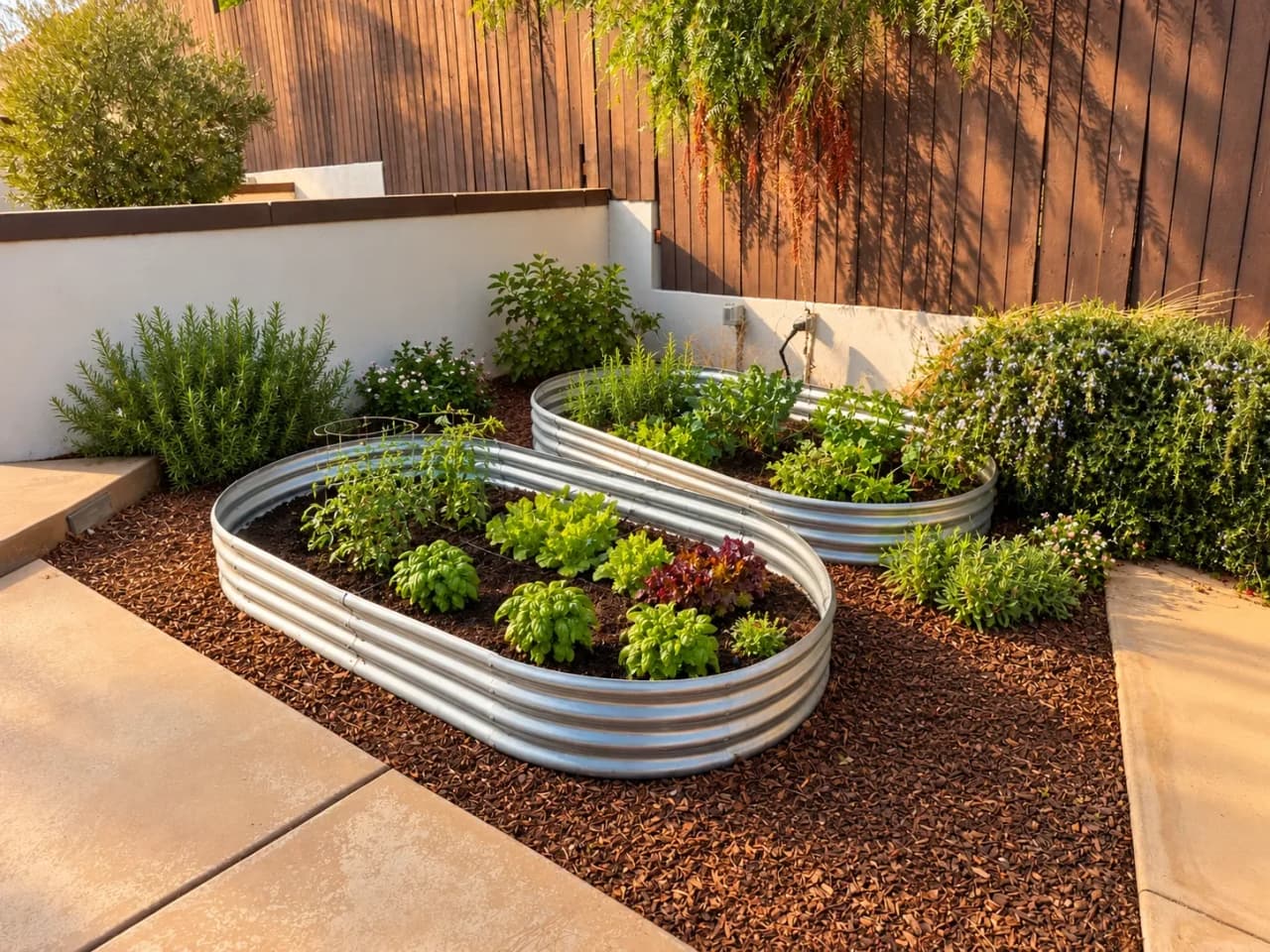 Two raised metal garden beds with herbs and lettuce beside the Richards walkway