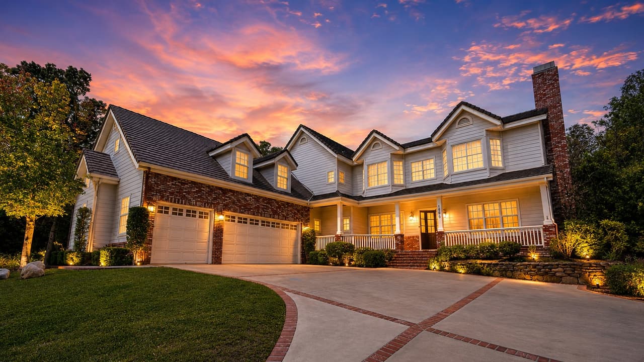 Ridgeview house at dusk with porch lights on and an empty brick-lined driveway