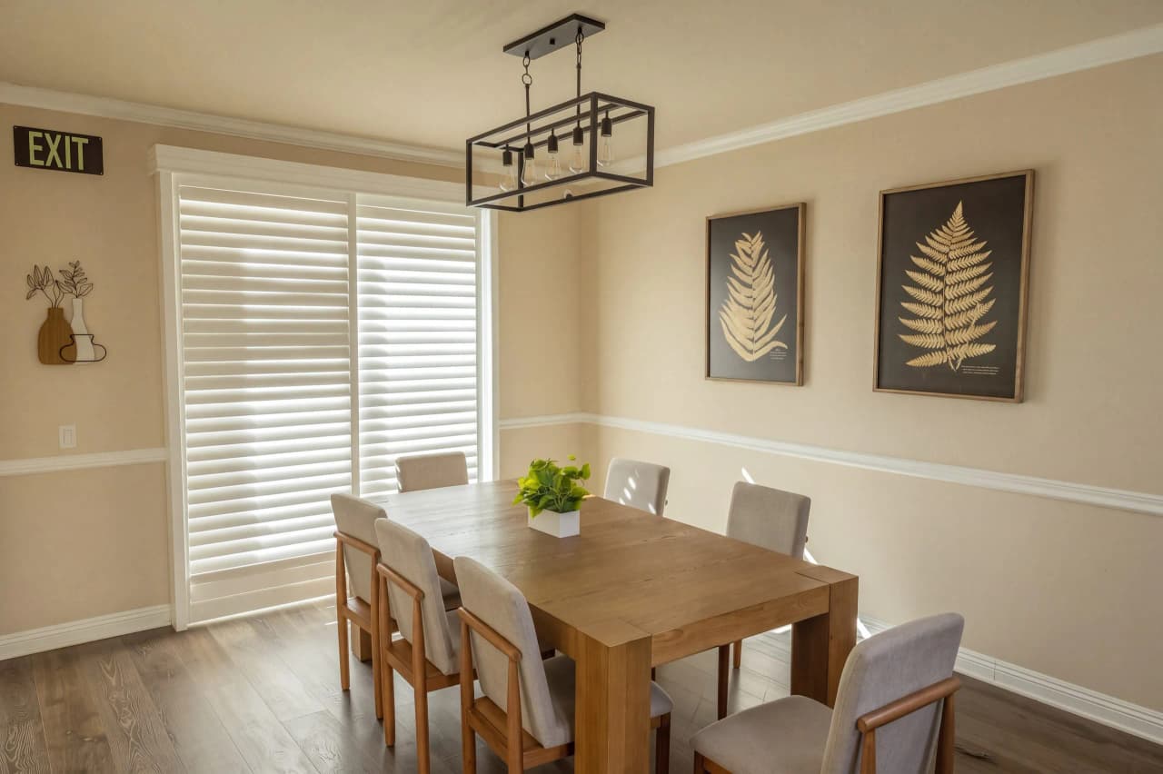 Shasta dining room with a long wood table and fern prints on the wall