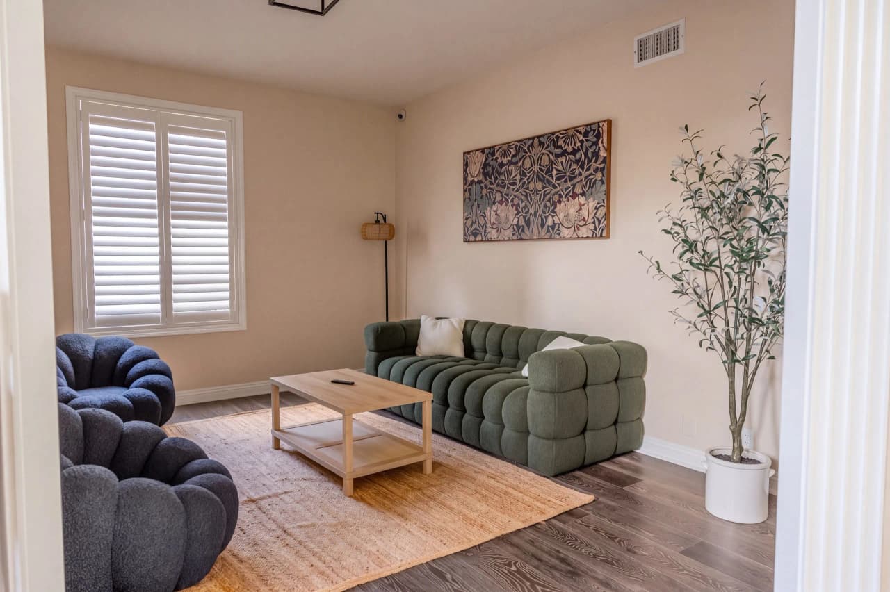 Shasta lounge with a green sofa, a coffee table, and an olive tree
