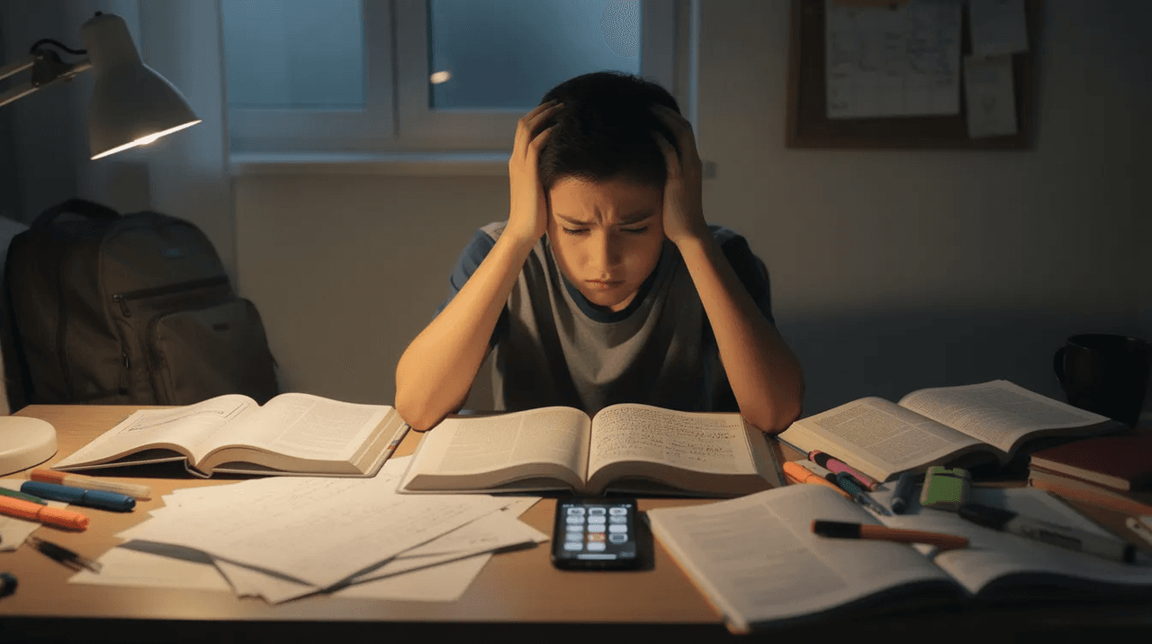 A teenager is sitting at a cluttered desk filled with books and a phone, appearing overwhelmed by stress. This scene reflects the challenges young people face in managing stress from school and daily life, highlighting the importance of healthy habits and emotional well-being.