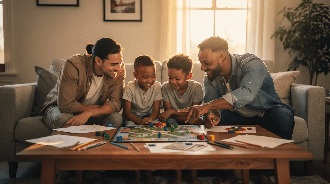 A family is gathered around a table, collaboratively engaging in a shared activity that fosters connection and support. This scene reflects the importance of trauma-informed practices in promoting mental health and emotional well-being within family dynamics.