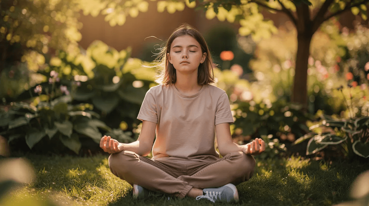 A teenager sits peacefully in a lush garden with their eyes closed, practicing breathing exercises as a part of their healing journey. This serene moment reflects the importance of self-care and coping strategies in promoting emotional well-being and managing trauma symptoms.