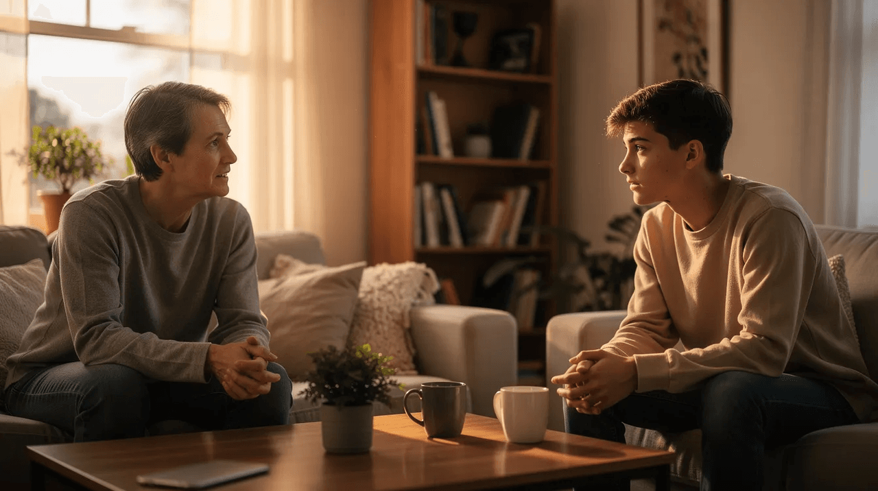 A parent and teenager are having a calm conversation in a cozy living room, discussing the importance of good sleep habits and how much sleep teens need for their developing brains. The warm atmosphere suggests a supportive environment for addressing topics like sleep deprivation and maintaining a regular sleep schedule.