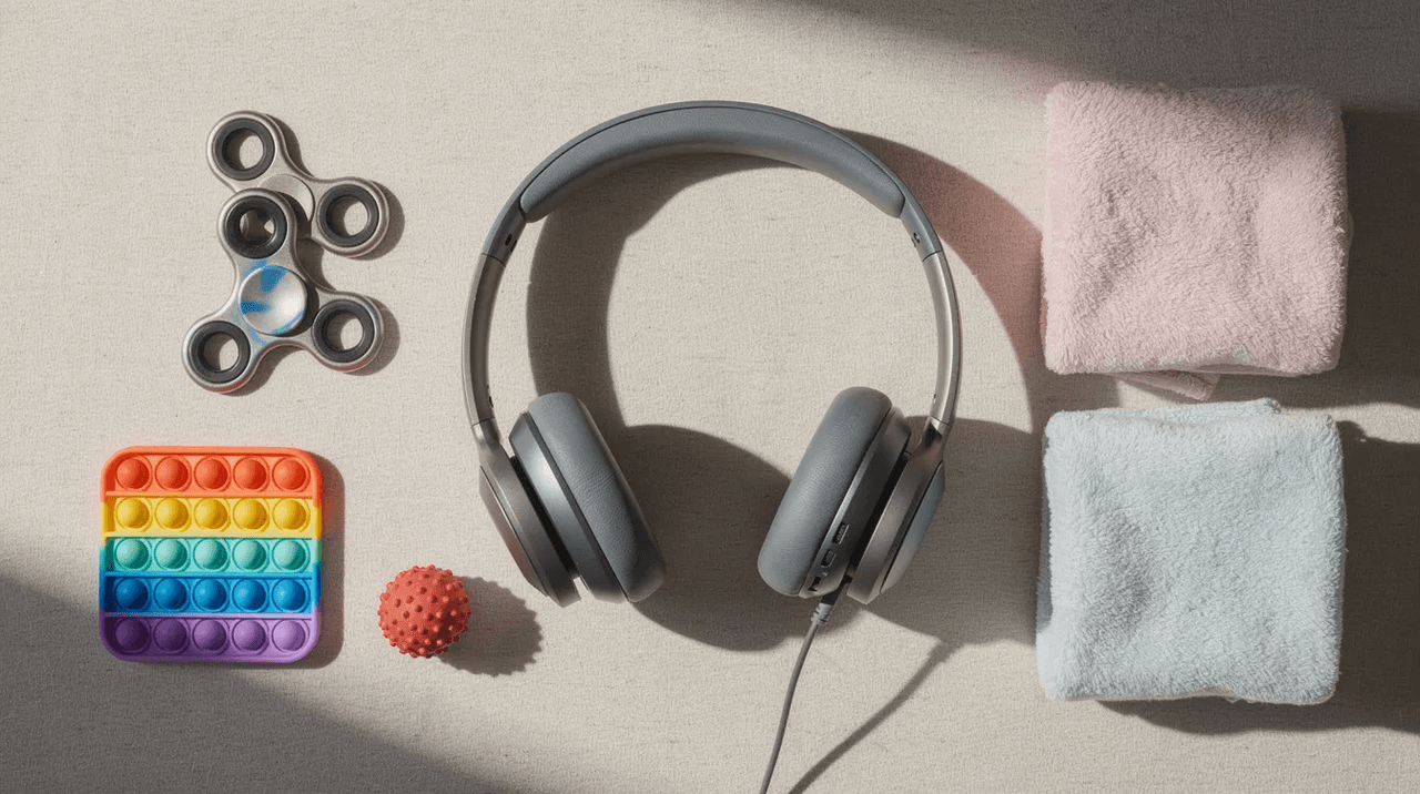 The image features a collection of sensory items, including colorful fidget toys, soft fabric, and headphones, which can be beneficial for neurodivergent girls managing anxiety and depression symptoms. These items provide comfort and support, addressing the unique sensory sensitivities often experienced by many neurodivergent women.