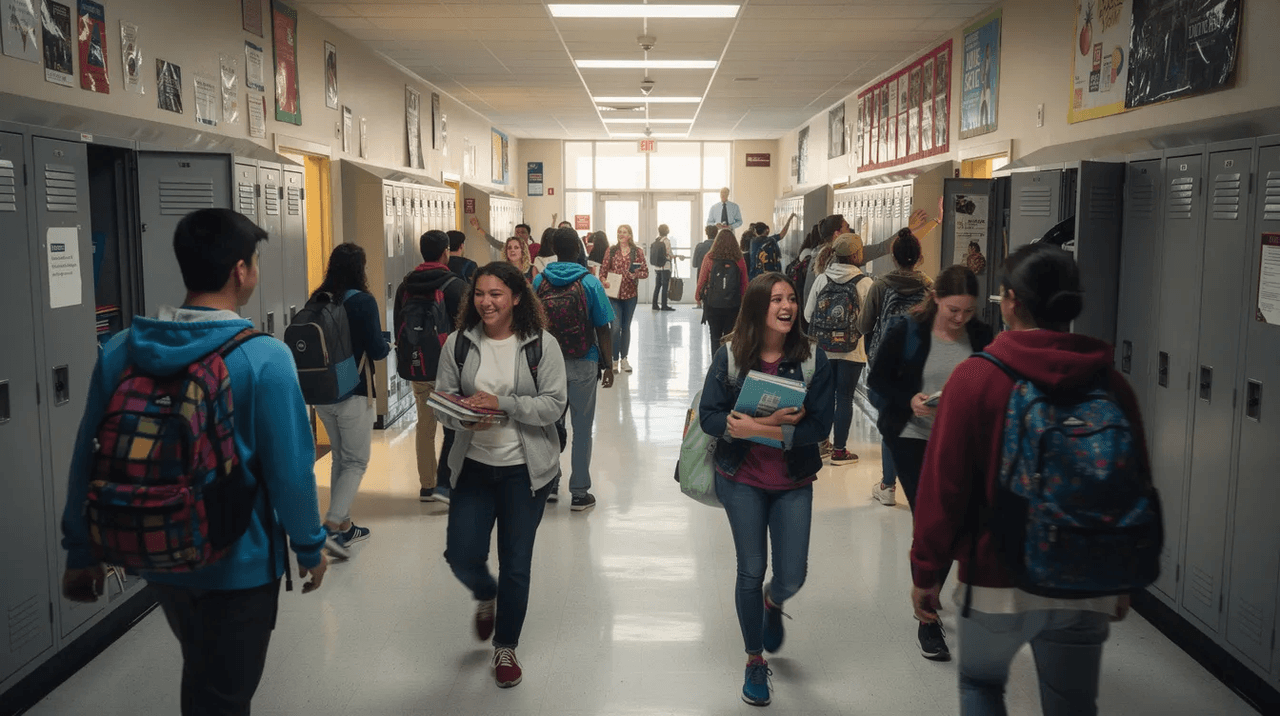 The image depicts a crowded high school hallway filled with students of diverse backgrounds walking between classes. Among them, many neurodivergent girls and boys navigate the bustling environment, which can be overwhelming and may contribute to anxiety and depression symptoms, highlighting the importance of proper support for mental health in educational settings.
