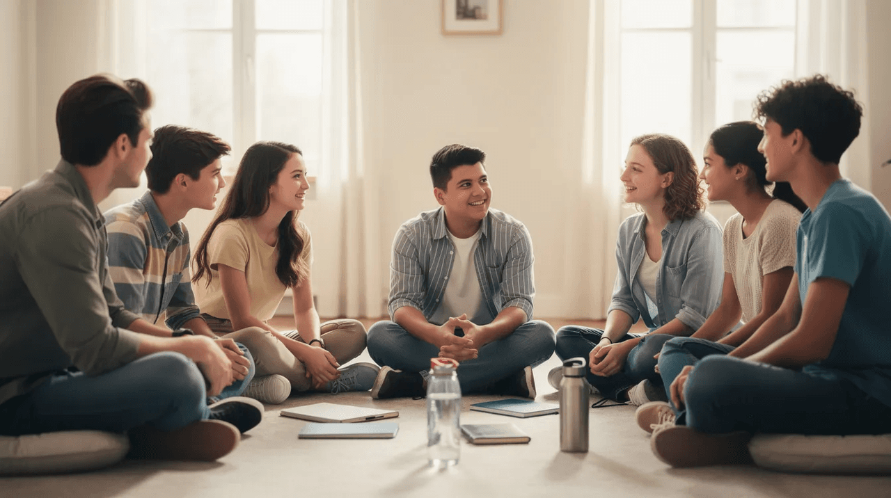 A diverse group of teenagers sits in a supportive circle within a bright, calm room, engaging in a group therapy session focused on mental health and coping strategies. The atmosphere promotes emotional well-being as they share their experiences and support each other in their healing journey from trauma.