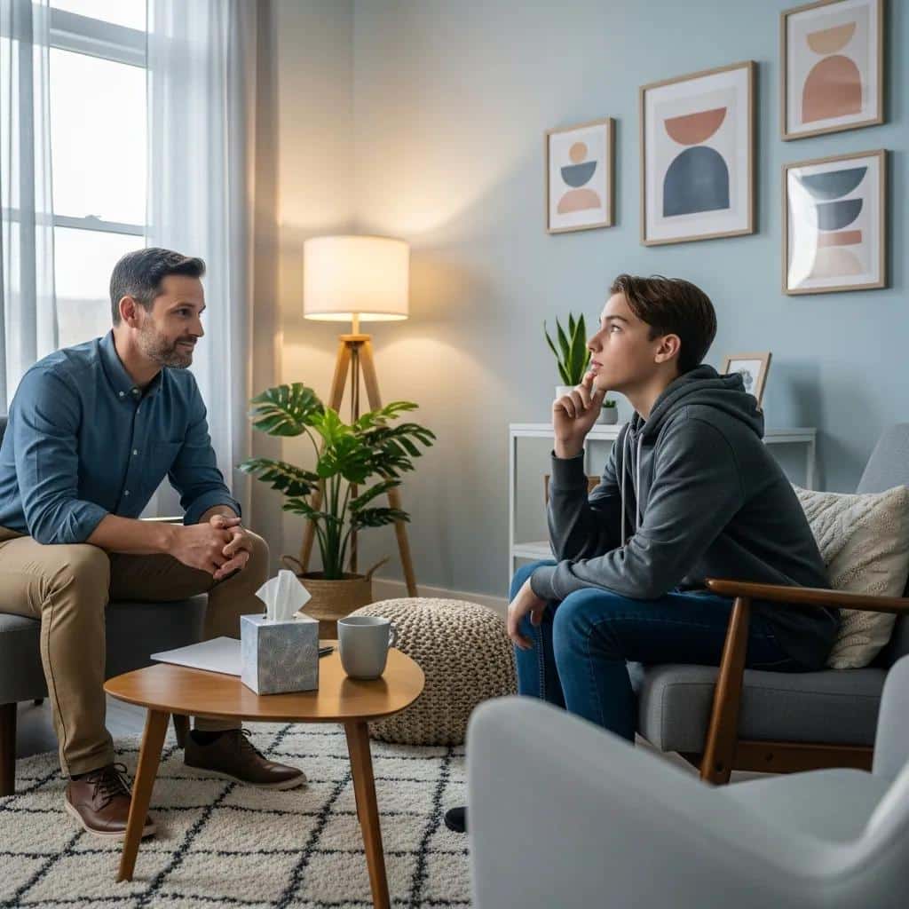 Therapist using OARS techniques with a teenager in a therapy session, illustrating engagement strategies
