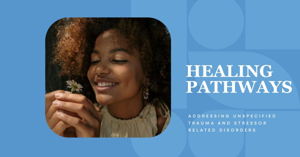 Healing Pathways: A serene woman holds a flower, representing trauma and stressor-related disorder recovery and mental wellness.