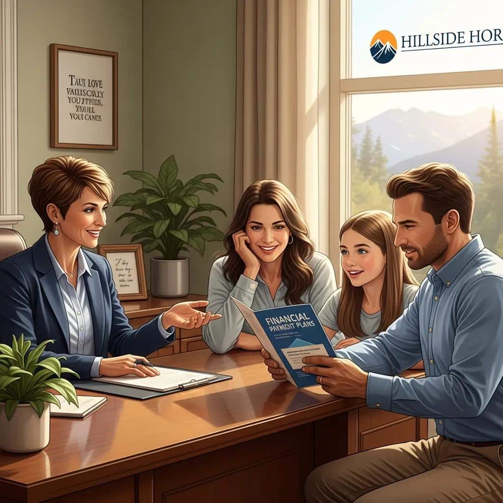 Counselor discussing financial assistance options with a family at Hillside Horizon, highlighting financial payment plans for teen residential treatment.