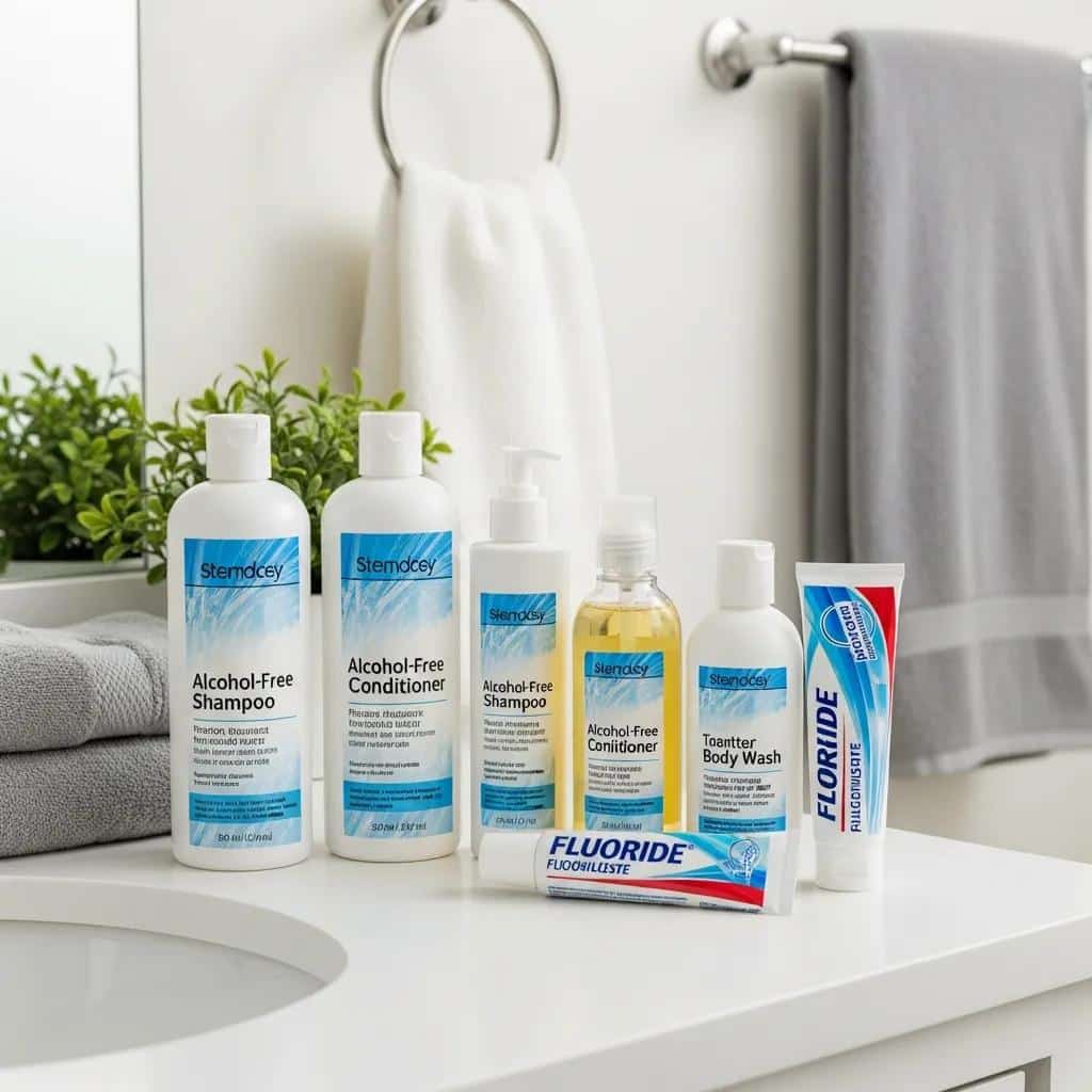 Display of alcohol-free personal hygiene products including shampoo, conditioner, body wash, and fluoride toothpaste, suitable for teens in rehab, emphasizing safe and gentle options for sensitive skin.