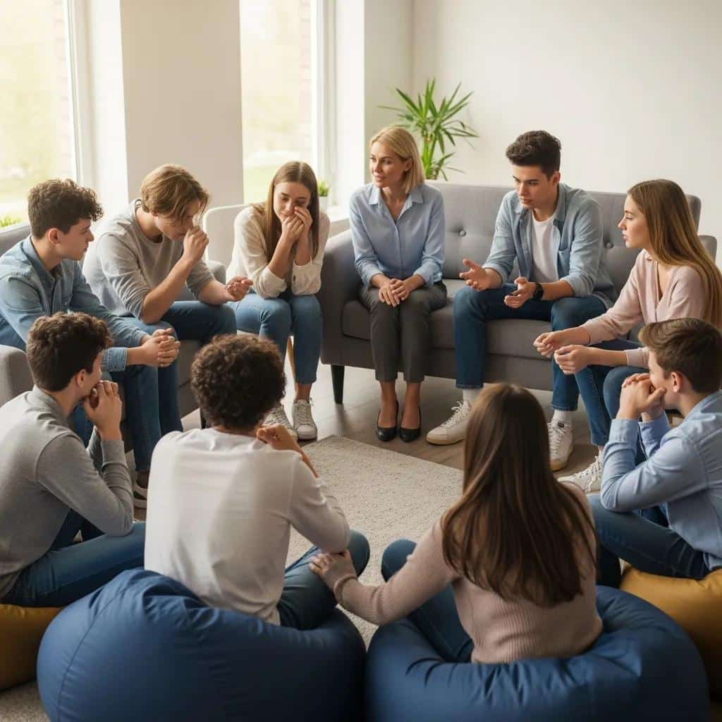 Diverse group of teens in a supportive therapy session highlighting gender-specific mental health care