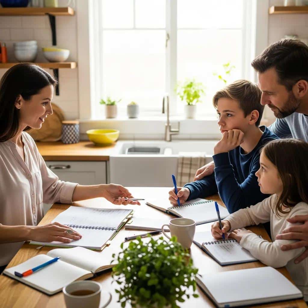 Parent and child having a supportive conversation in a cozy living room