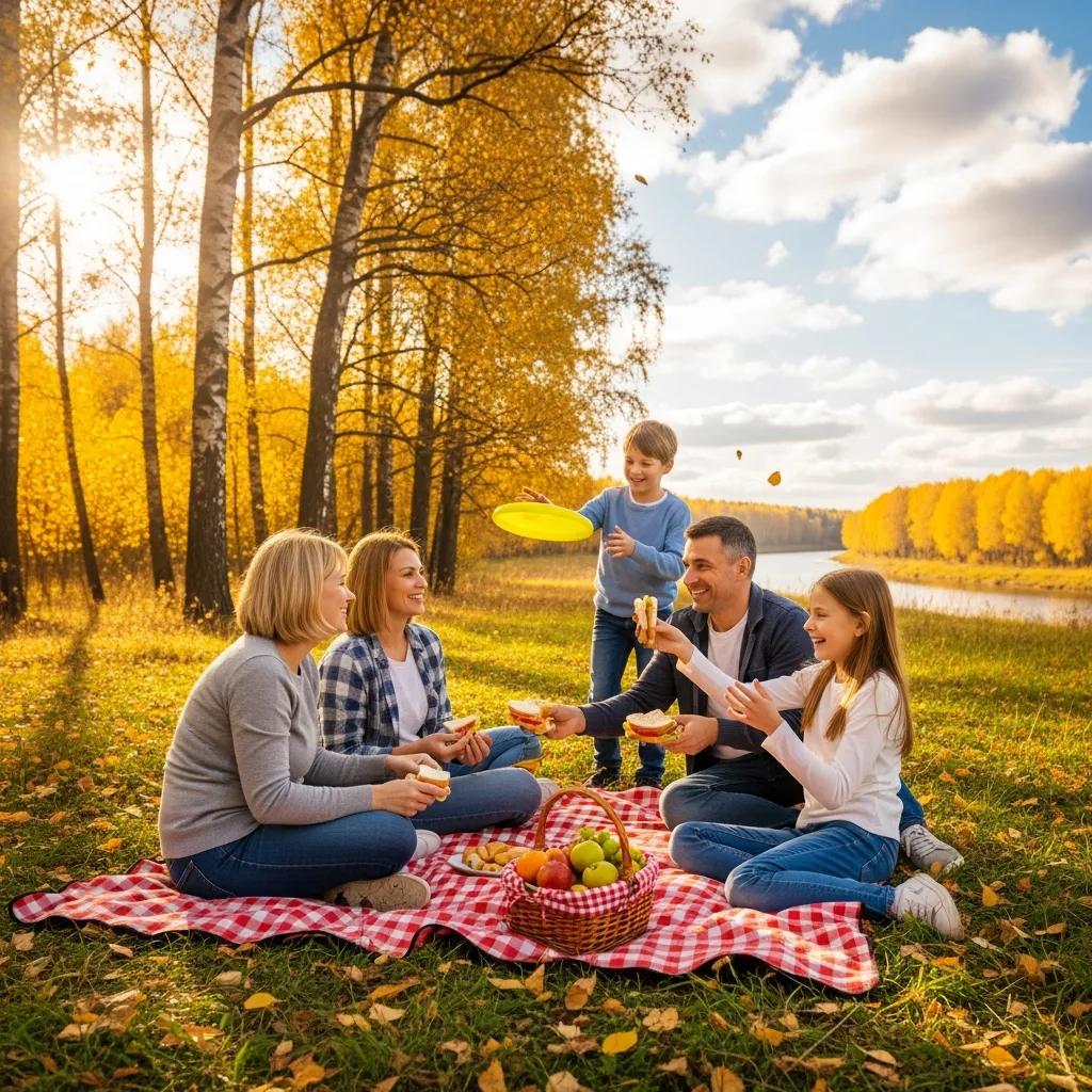 Family enjoying outdoor activities during a picnic, emphasizing support and connection in adolescent recovery, surrounded by autumn foliage near a river.