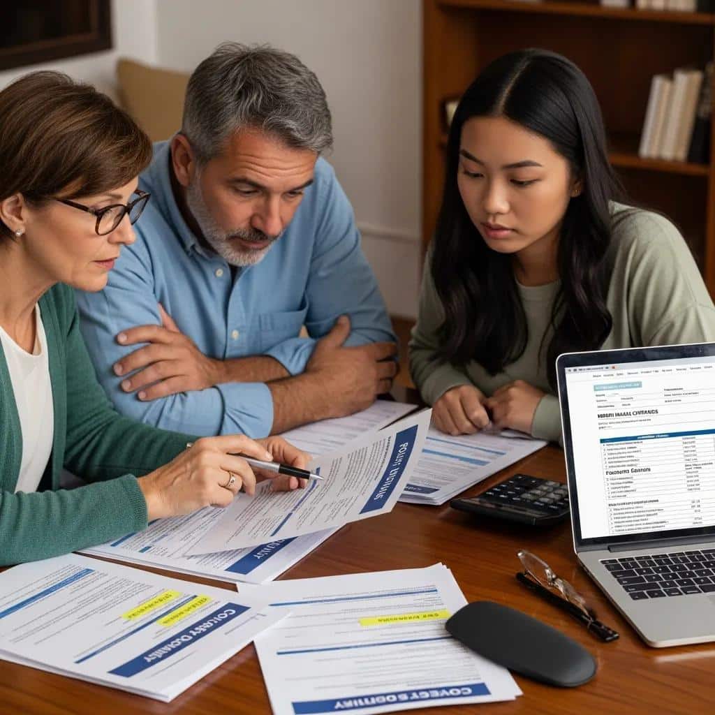 Family reviewing insurance documents for teen residential treatment, discussing coverage details, with papers and a laptop displaying relevant information on a wooden table.