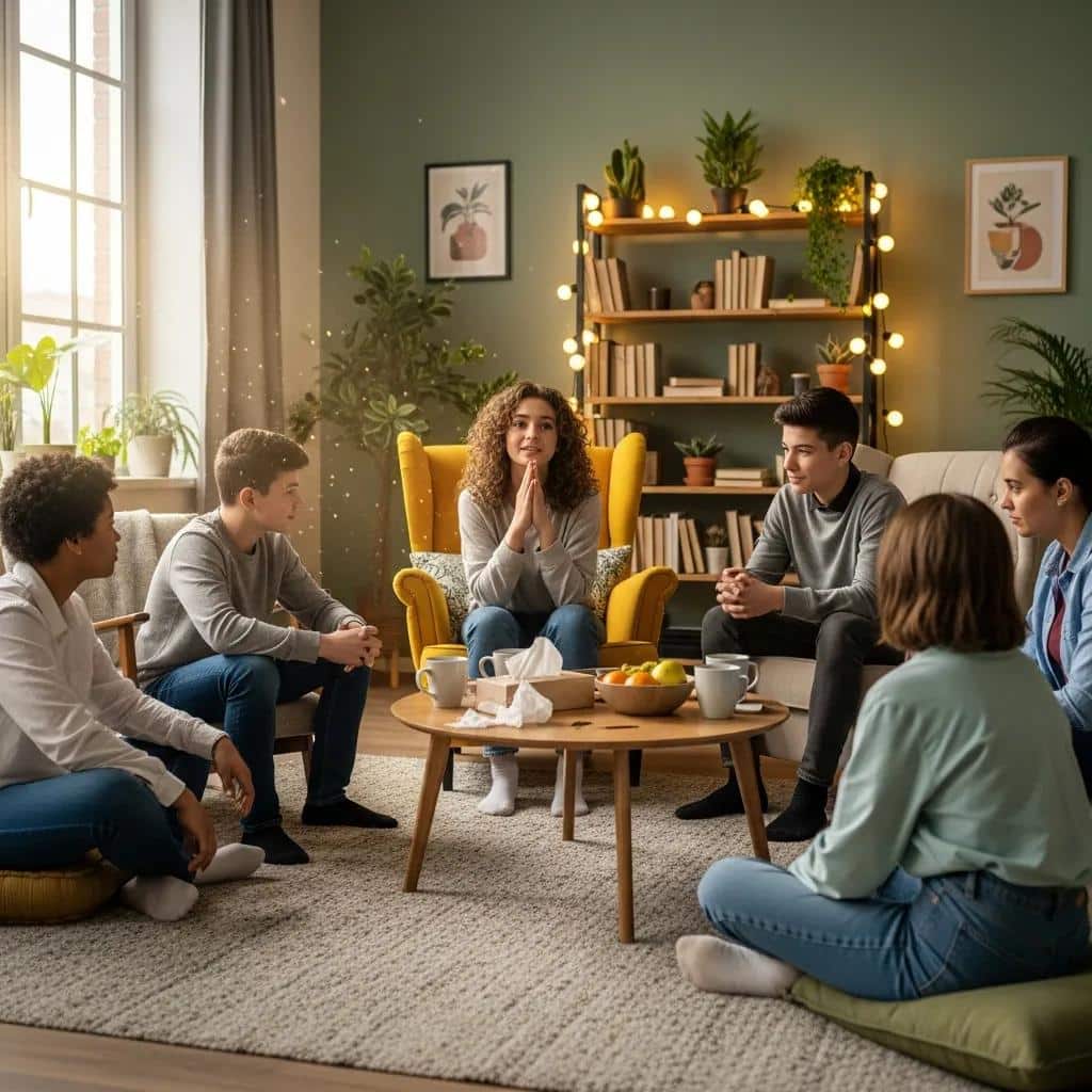Group therapy session for teens focusing on mental health recovery and support