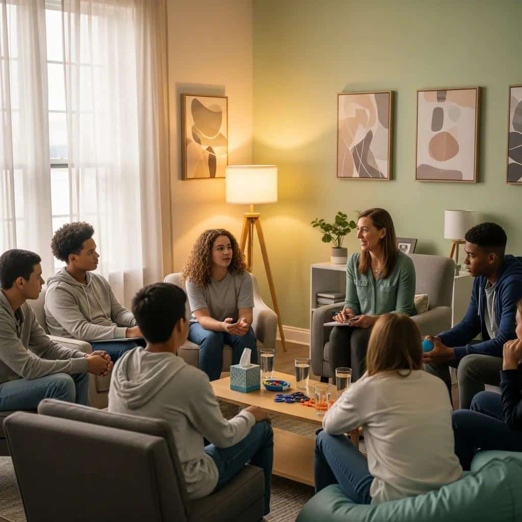 Group therapy session for teens focusing on trauma-informed care