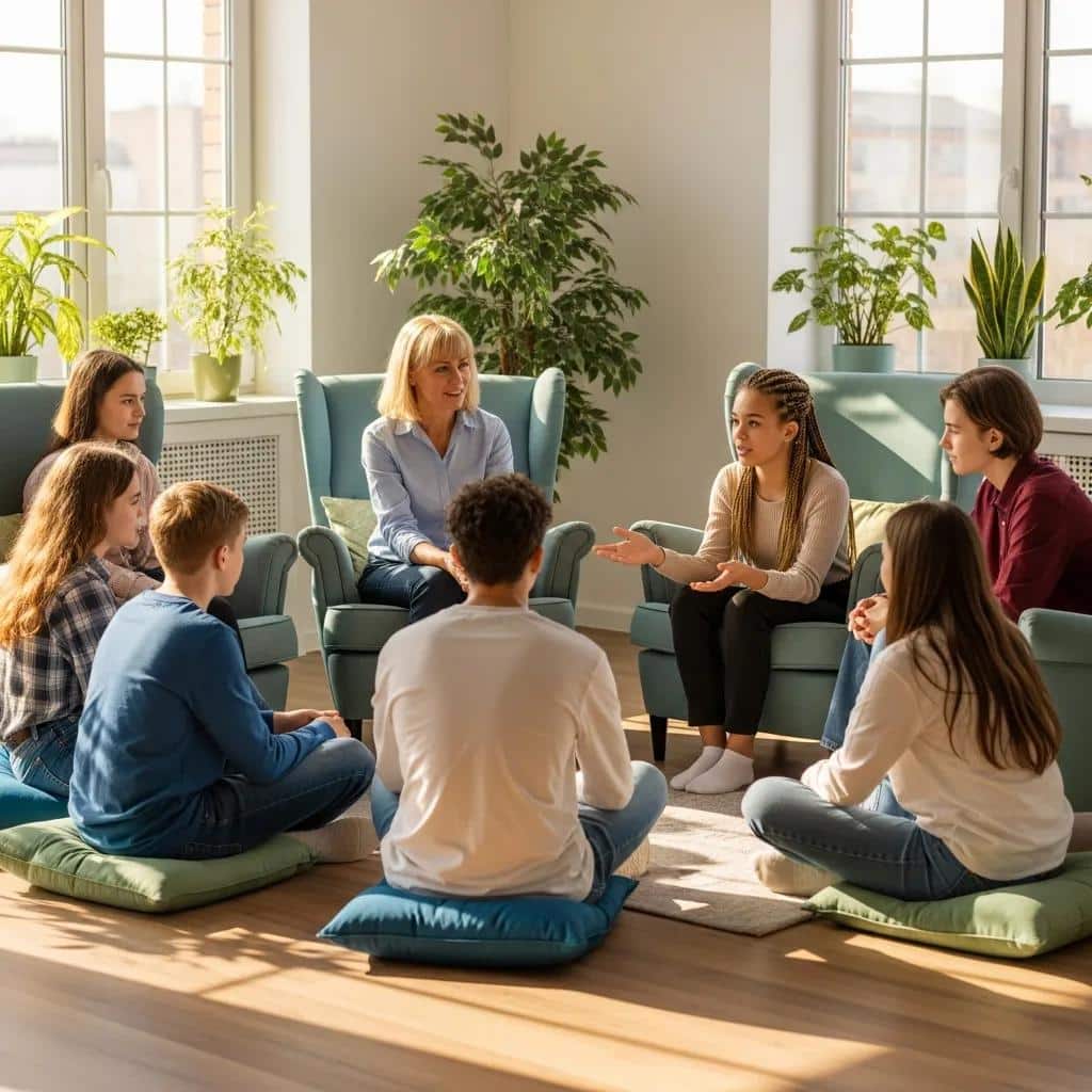 Group therapy session for teens in a supportive environment