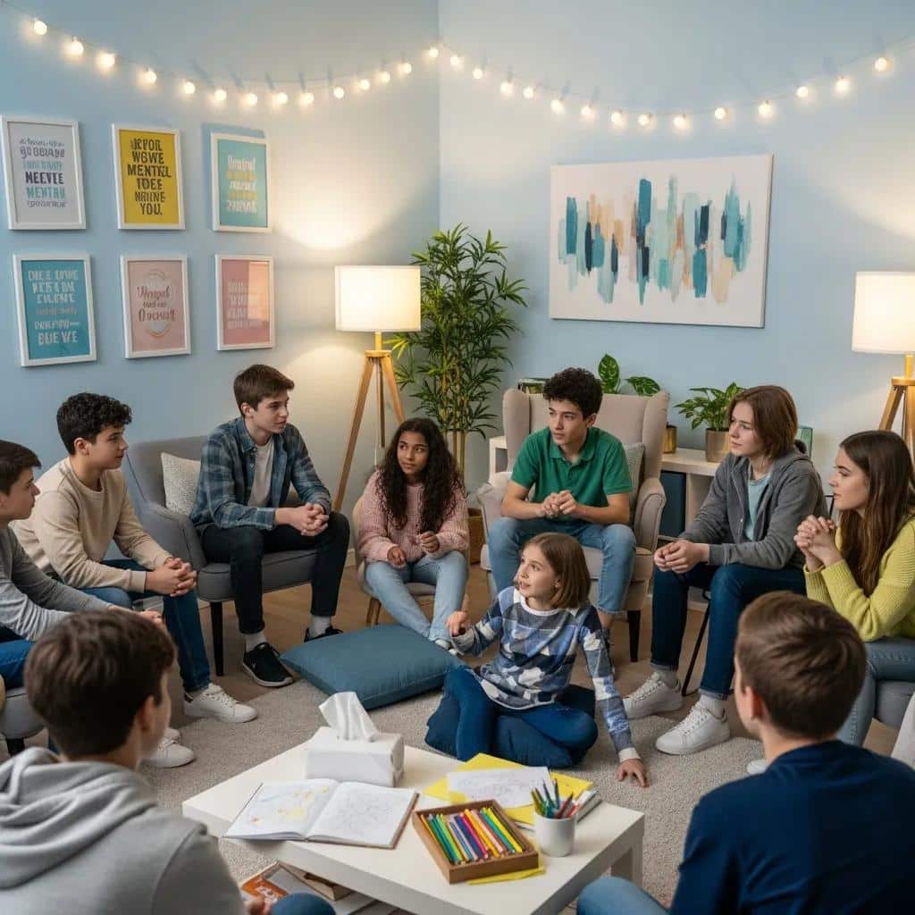Group therapy session for teens in a supportive environment