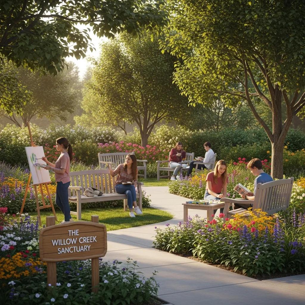 Teens engaging in creative activities in a vibrant garden setting at The Willow Creek Sanctuary, surrounded by flowers and supportive peers, illustrating a safe environment for healing in residential treatment.