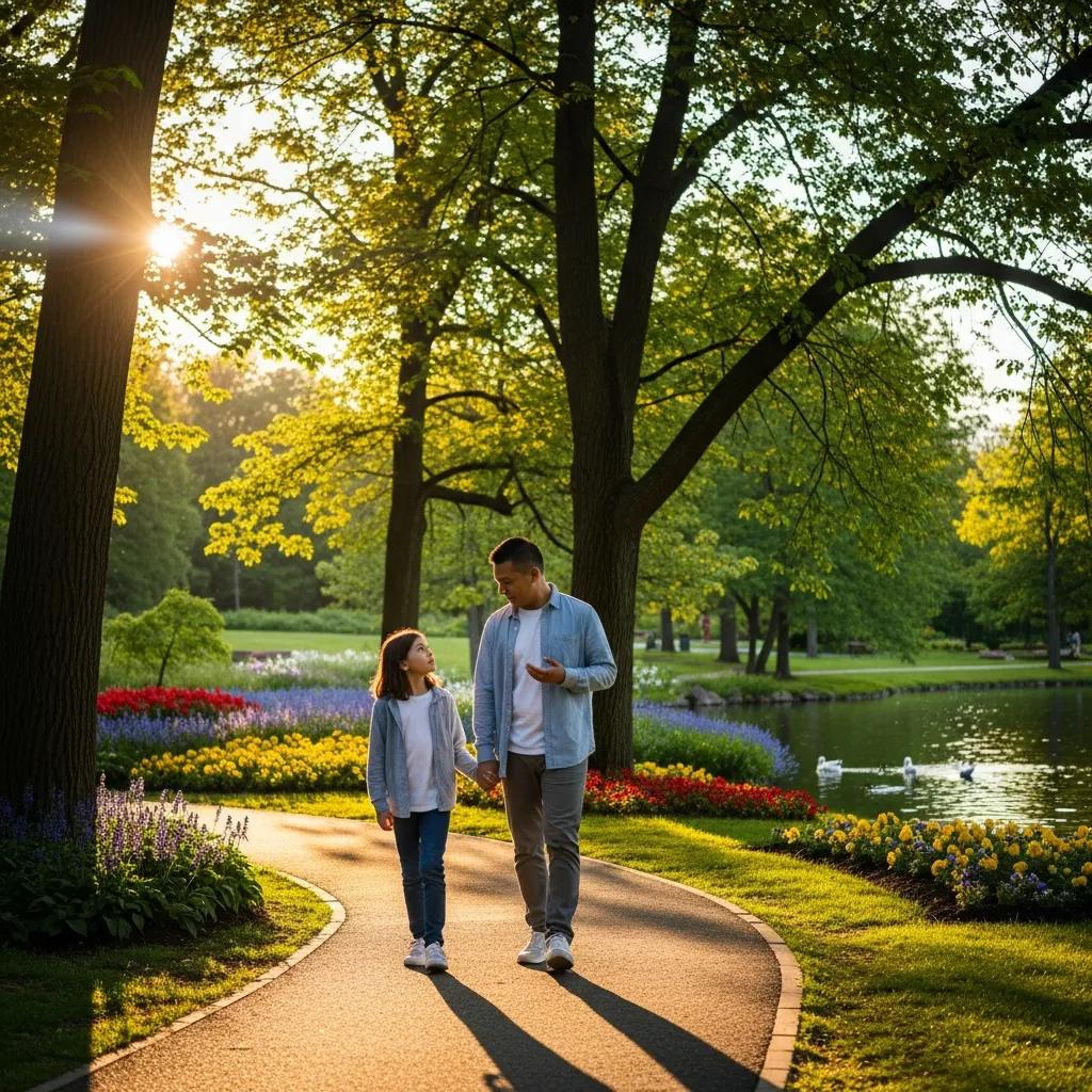 Parent and child walking in a park, discussing aftercare planning and family support, surrounded by vibrant flowers and a serene pond, reflecting the importance of communication during residential treatment.
