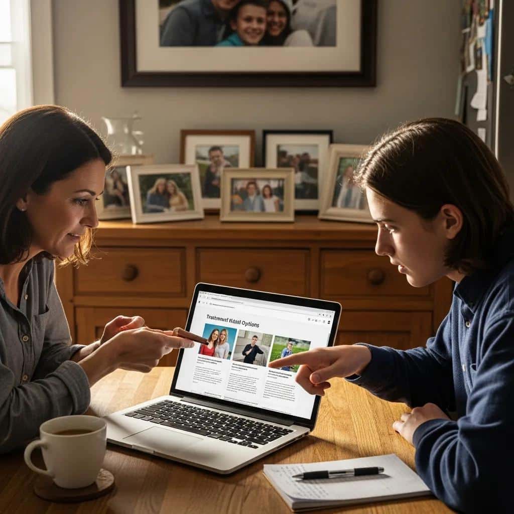 Parent and teenager discussing treatment options at home