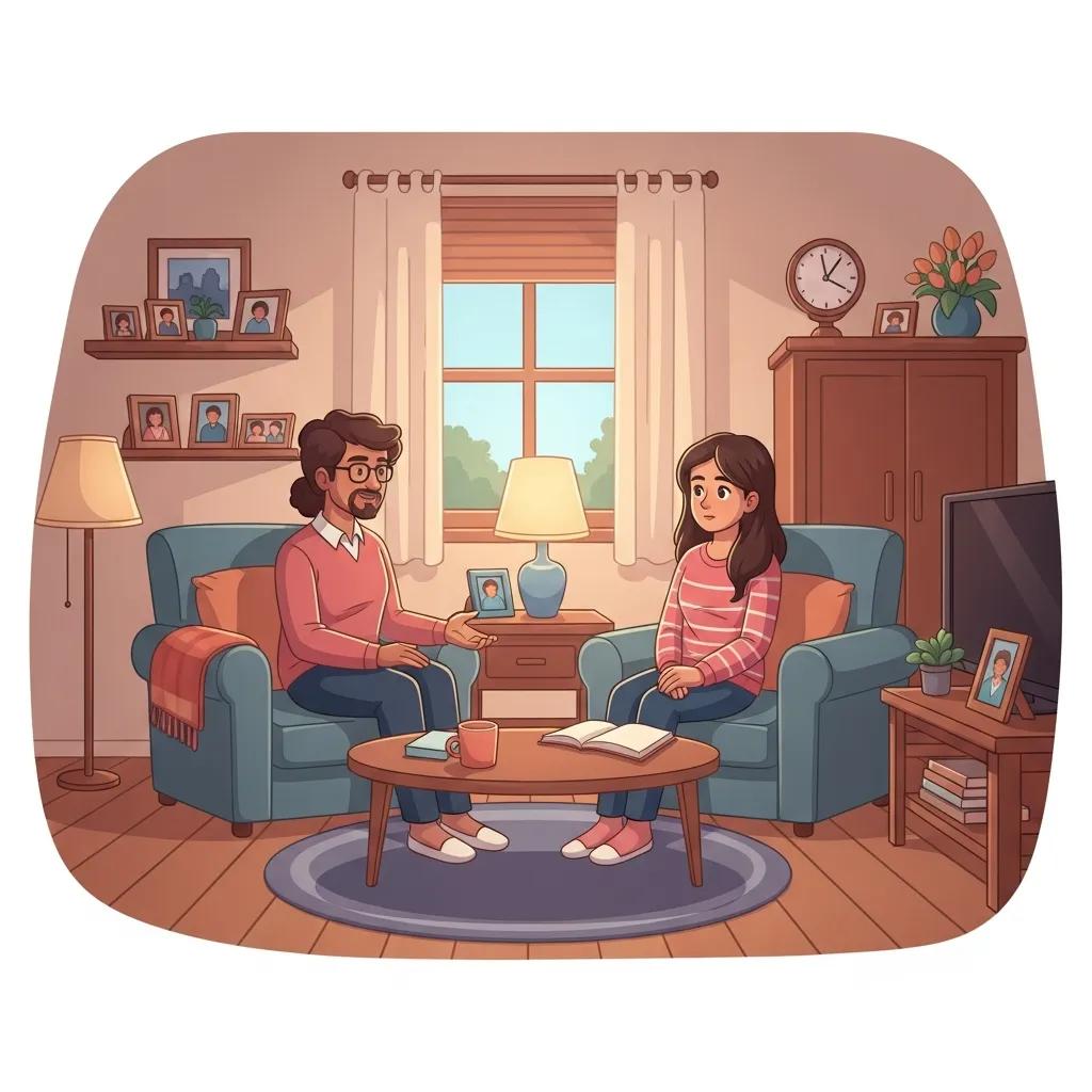 Parent and teenager in a cozy living room discussing mental health support, emphasizing family-centered communication and emotional connection.