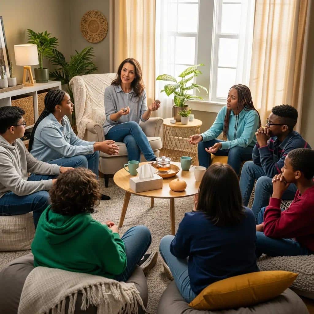 Supportive group therapy session for teens addressing anxiety