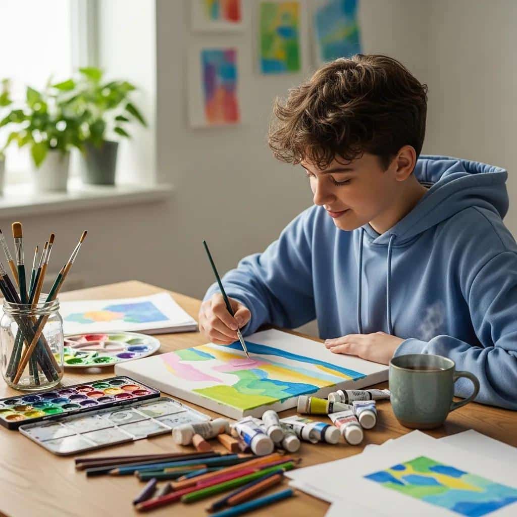 Teen engaging in art therapy, painting on paper with various art supplies, in a bright room, illustrating therapeutic activities in a Partial Hospitalization Program for adolescents.
