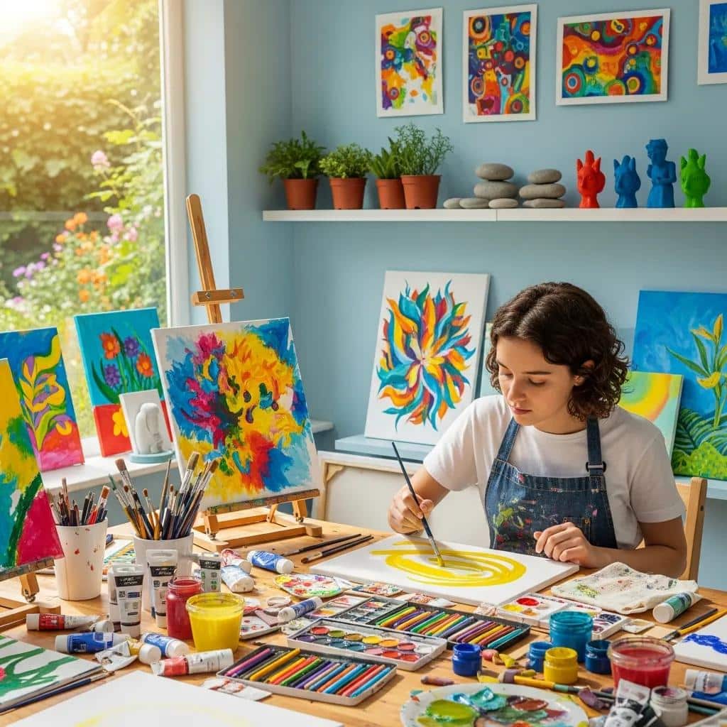 Teen engaging in art therapy with colorful paintings and supplies in a bright, creative space, illustrating holistic healing approaches for mental health support.