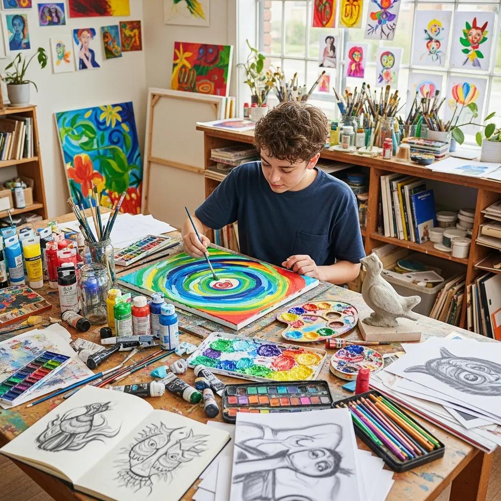 Teen engaging in art therapy, creating colorful artwork in a creative space filled with art supplies, emphasizing self-expression and healing in mental health treatment.