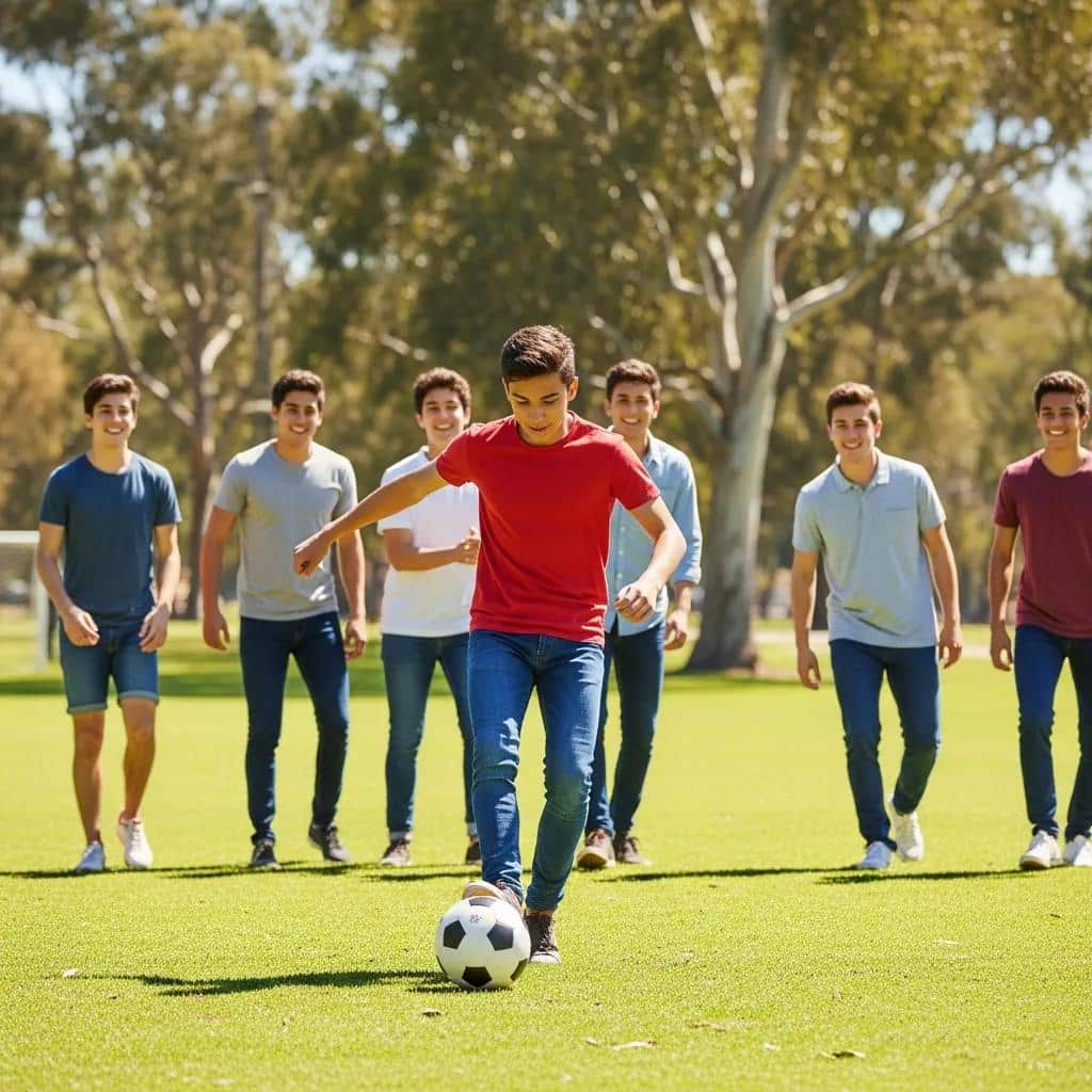 Teenage boy in red shirt playing soccer with friends, illustrating externalizing behaviors common among adolescent boys in a park setting.