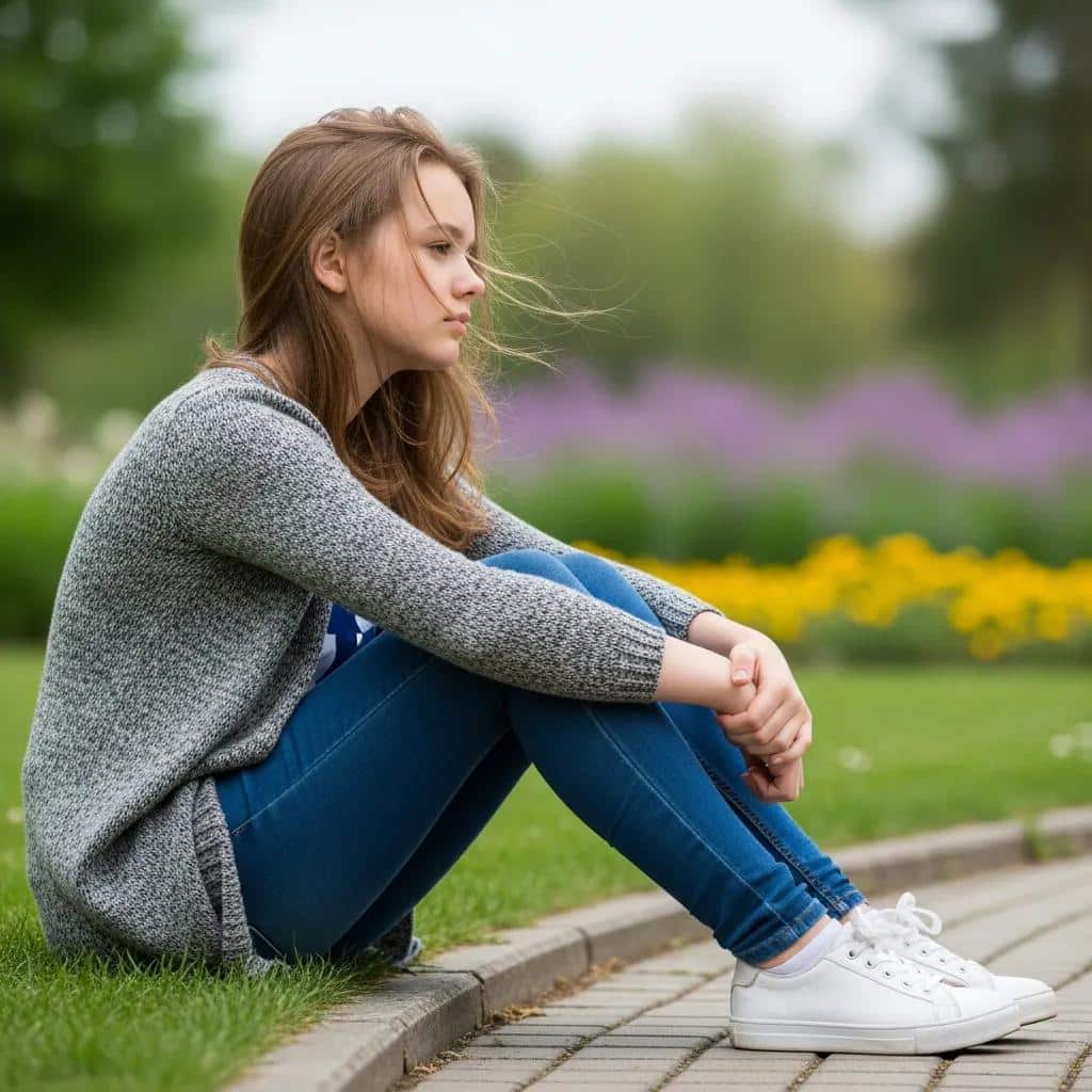 Teenage girl sitting pensively on pathway in park, reflecting on mental health challenges faced by adolescent girls, surrounded by greenery and flowers.