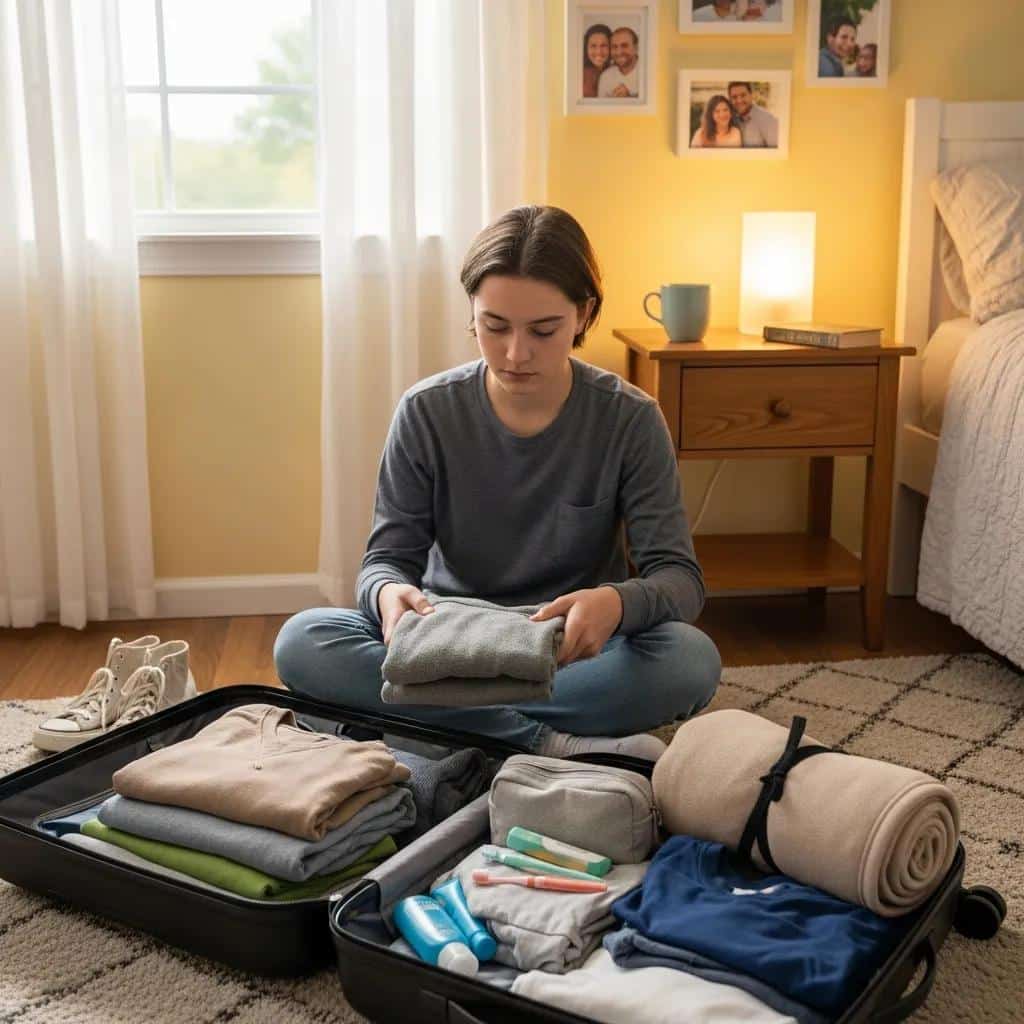 Teenager packing essential items for residential rehab, including clothing and hygiene products