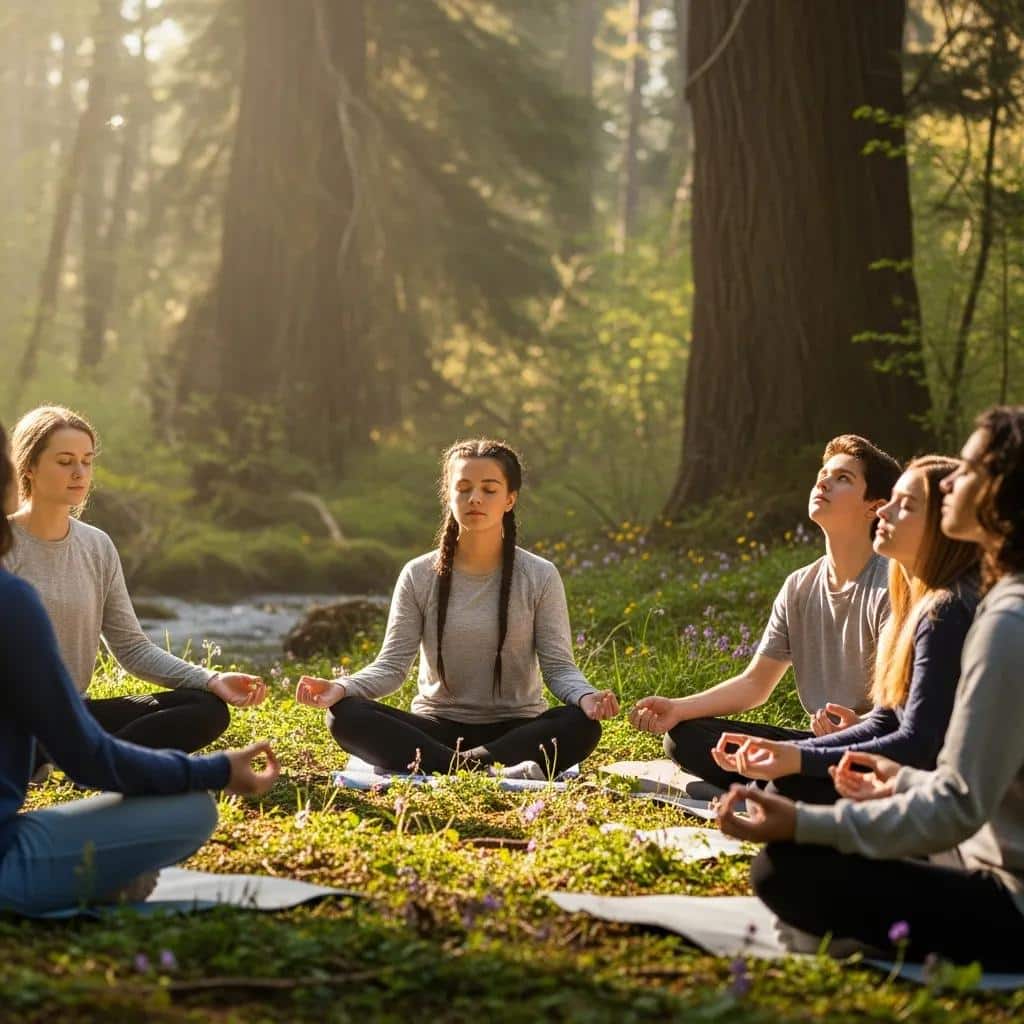 Teenagers practicing mindfulness in a natural setting for trauma recovery