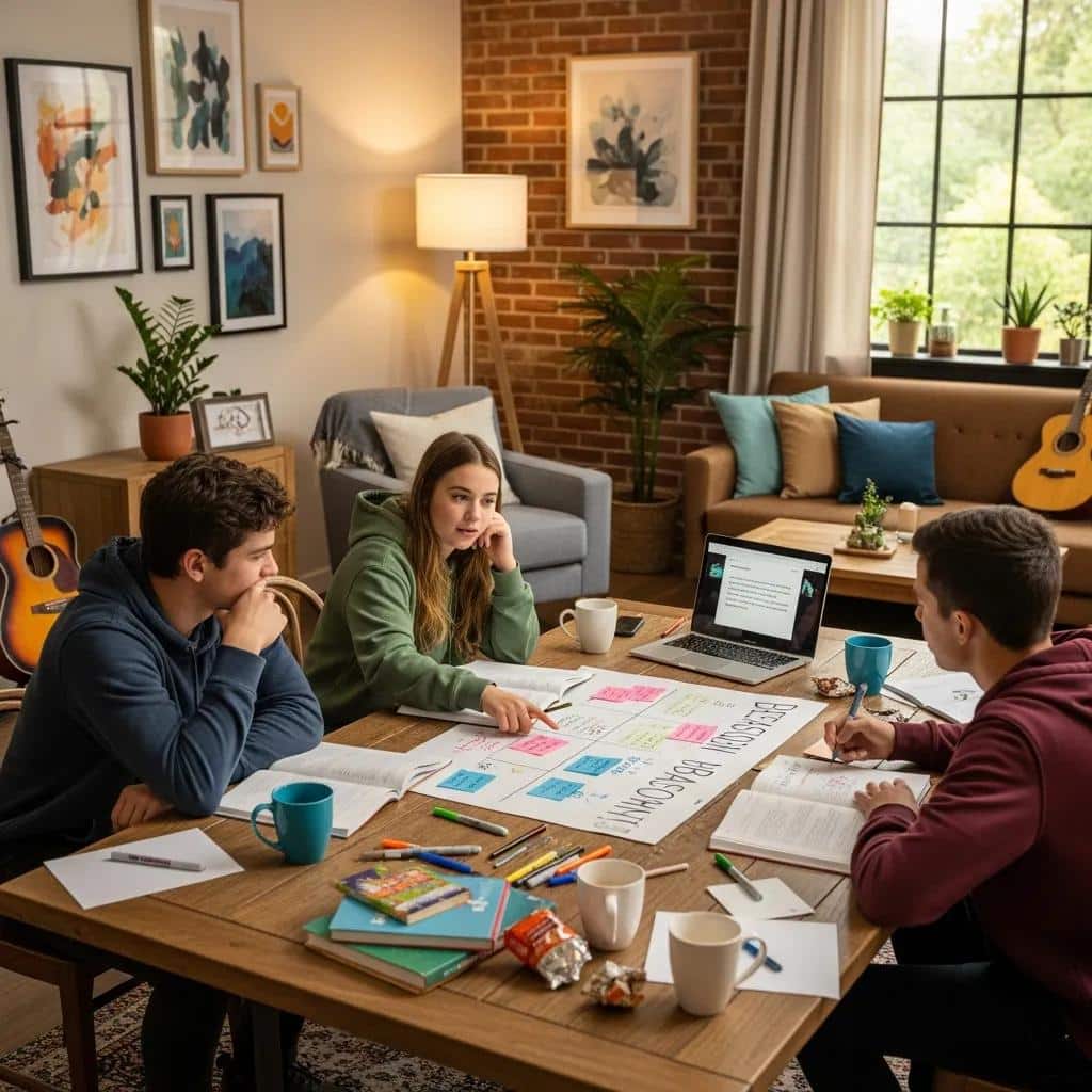 Teens collaborating on a group project in a cozy residential treatment center, developing life skills through teamwork and peer support, surrounded by study materials and a laptop.