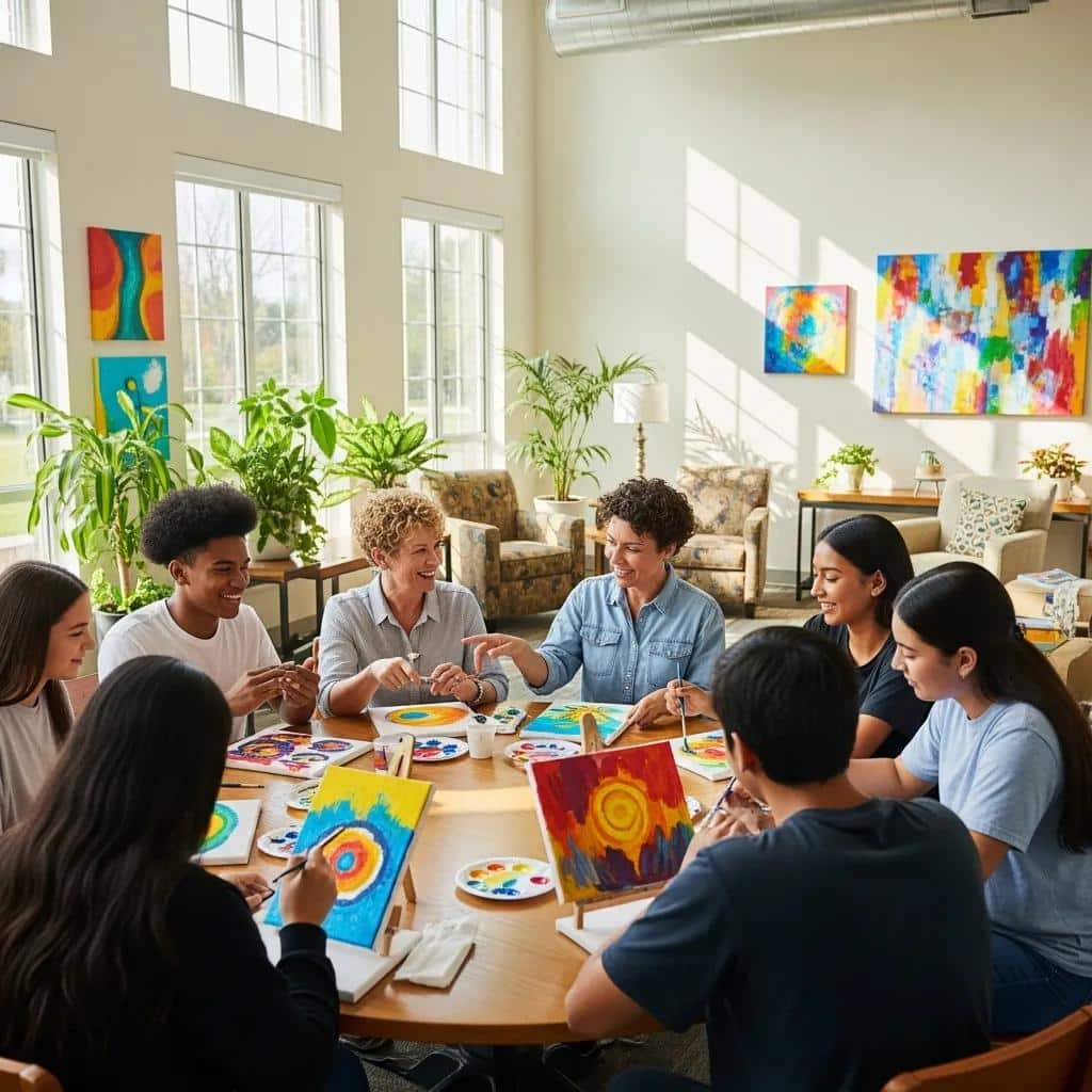 Teens participating in a therapeutic activity in a welcoming residential treatment center environment