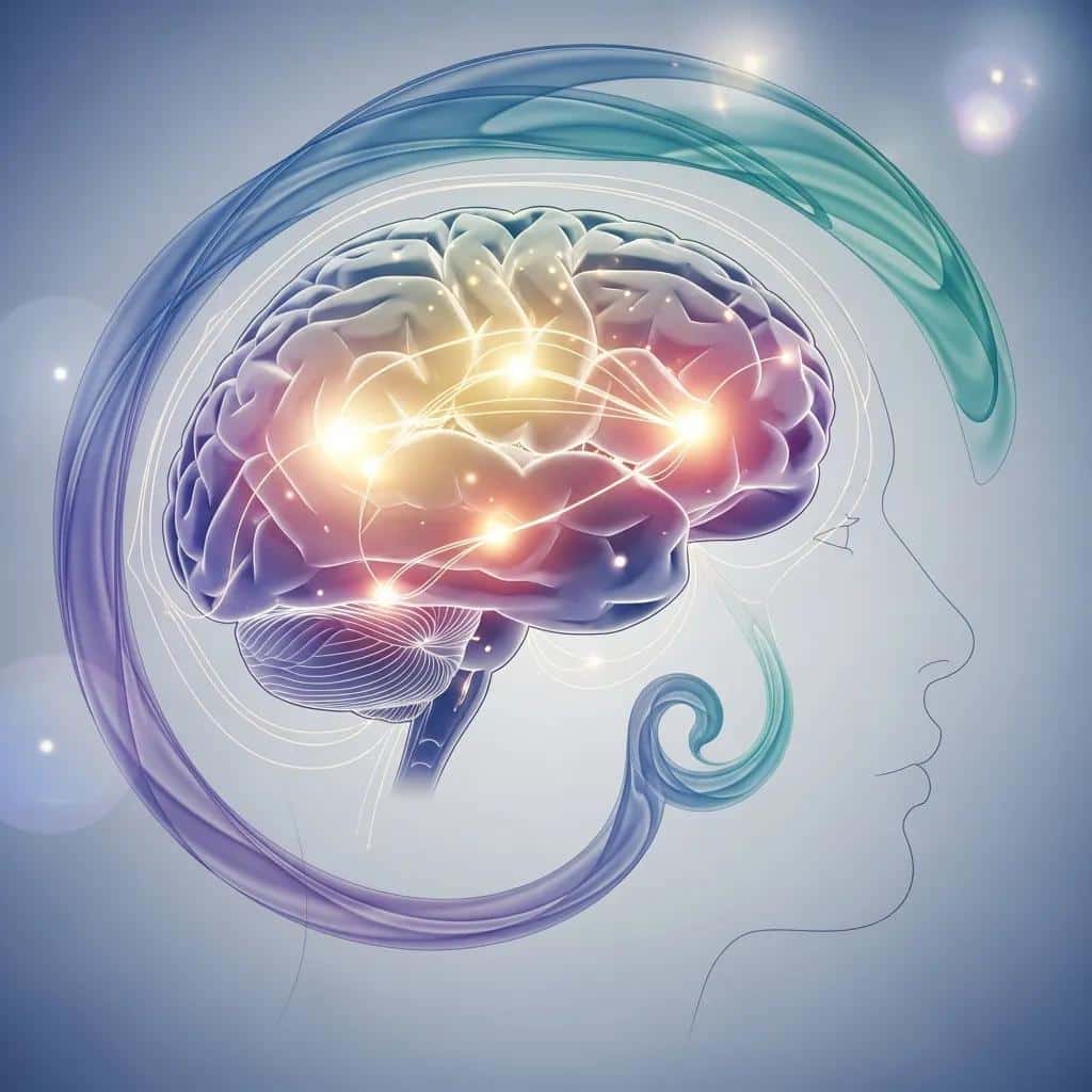 Artistic depiction of brain activity during hypnotherapy, illustrating scientific mechanisms of anxiety treatment and neurobiological changes.