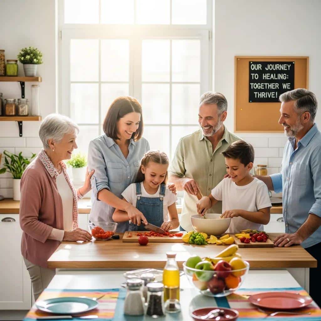 Family gathering in a kitchen, preparing food together, showcasing the positive impact of family therapy and support in the recovery process.