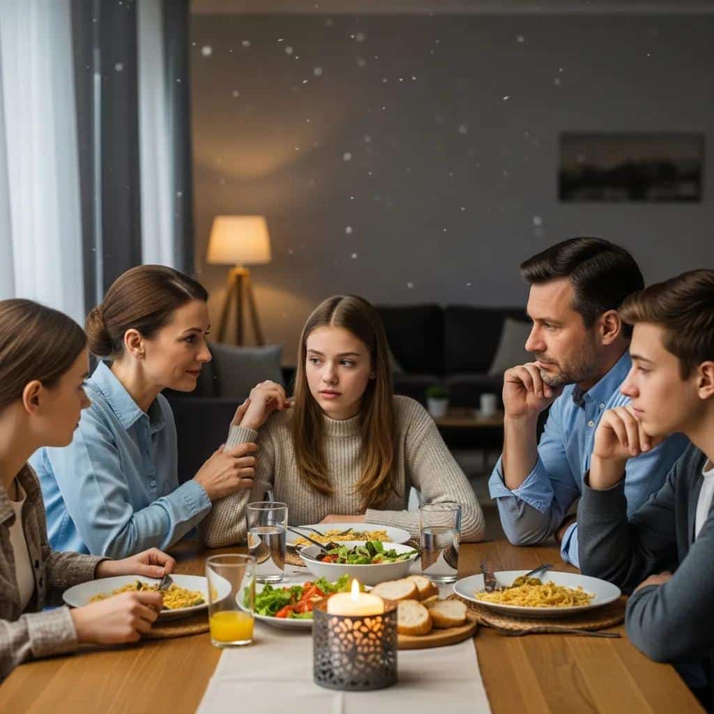 Family discussing emotional challenges at a dining table, highlighting support during DBT