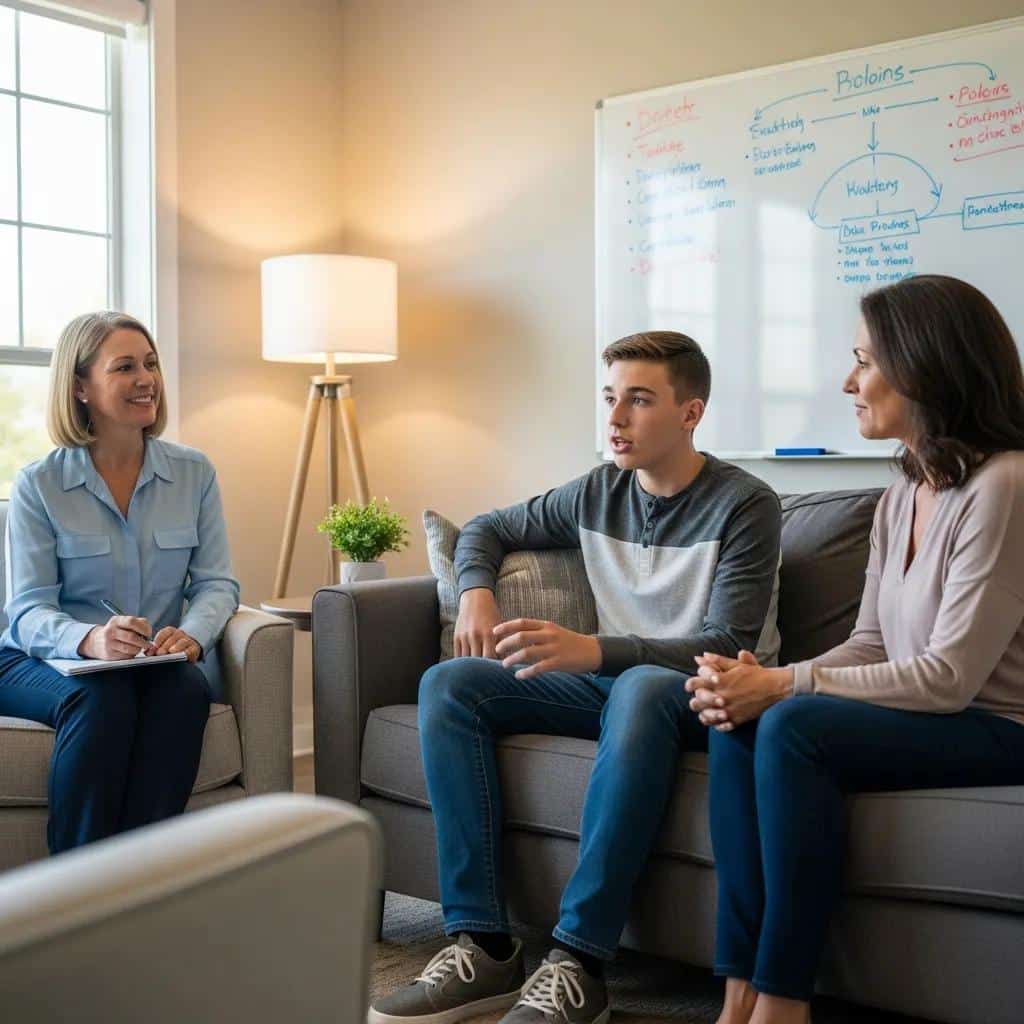 Family therapy session with therapist, adolescent male, and two women discussing emotional well-being, in a supportive environment with a whiteboard displaying topics related to family dynamics and issues.