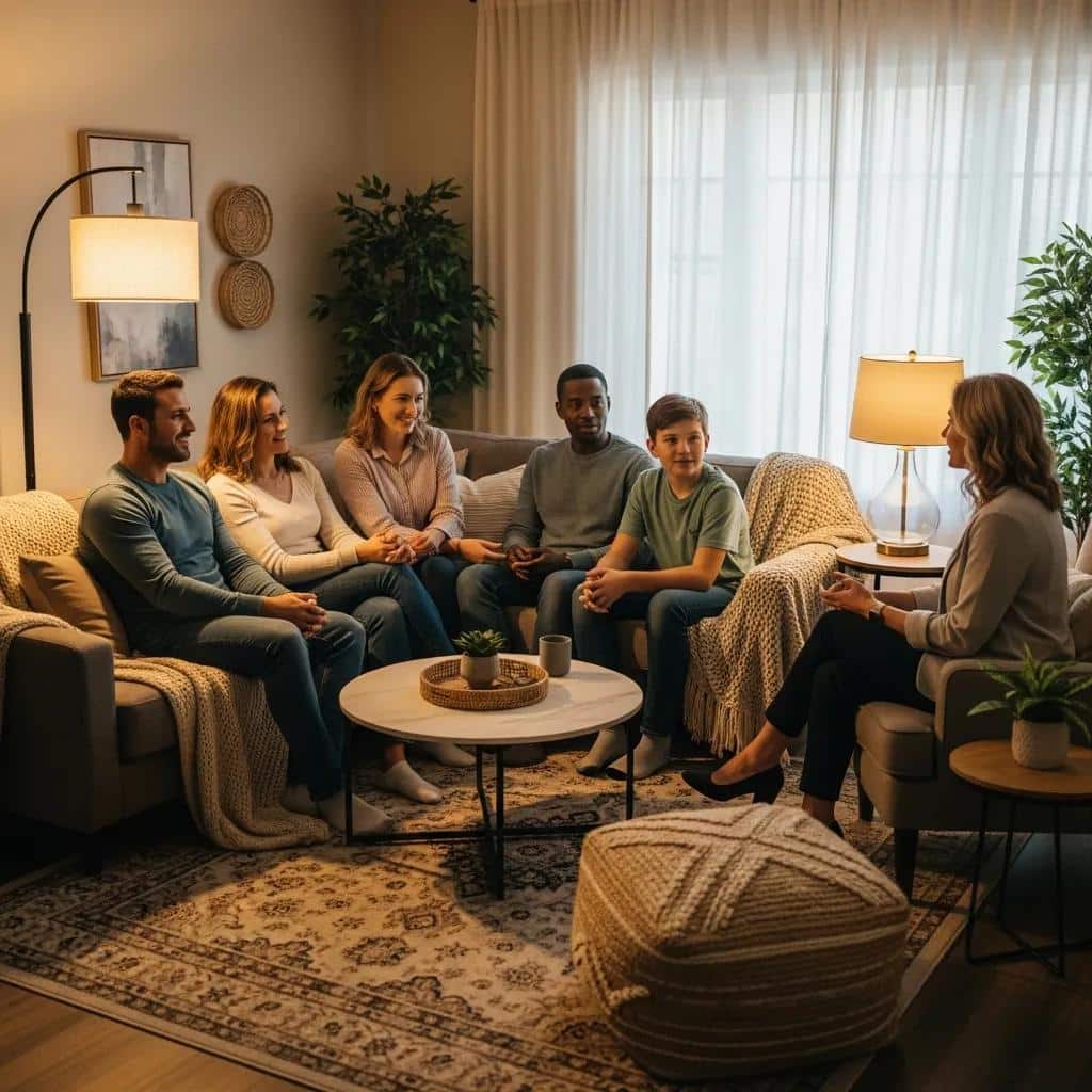 Family therapy session with diverse family members and a therapist in a cozy setting
