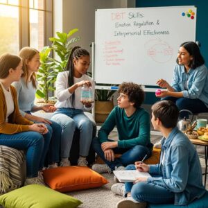 Group of diverse teenagers practicing DBT skills in a supportive environment
