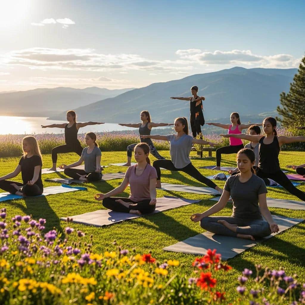 Group of teenagers practicing yoga outdoors, illustrating holistic therapies for managing youth anxiety, with a scenic backdrop of mountains and a sunset.
