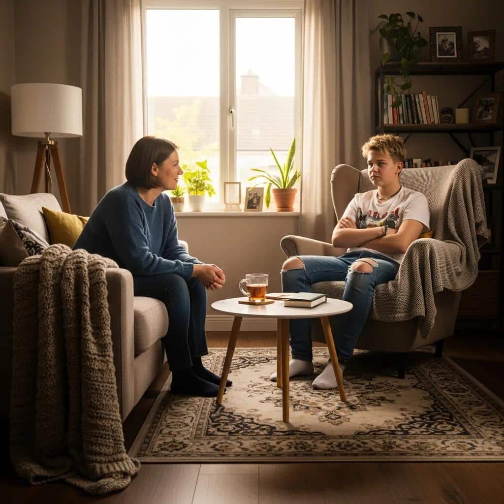 Parent and teenager engaged in a supportive conversation, illustrating motivational interviewing techniques