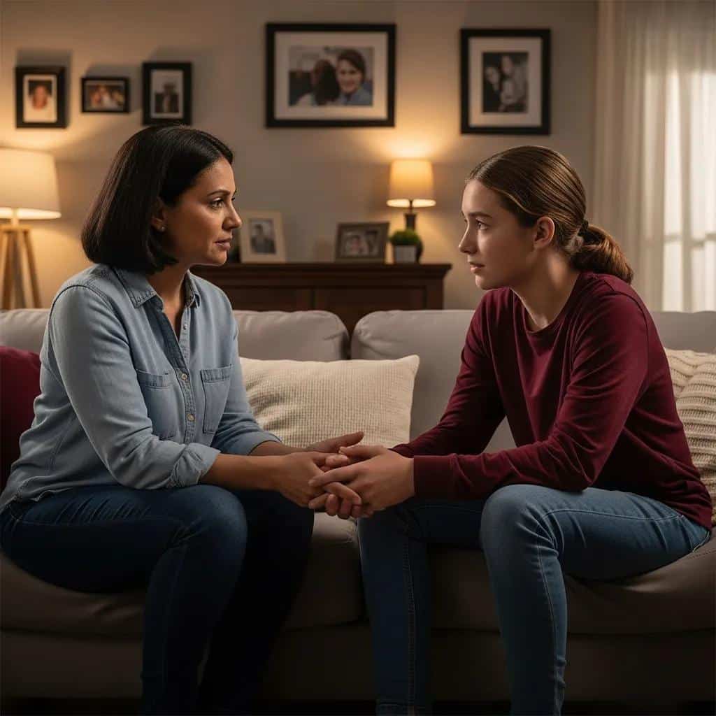 Parent and teenager having a supportive conversation in a cozy living room, symbolizing family dynamics and emotional connection