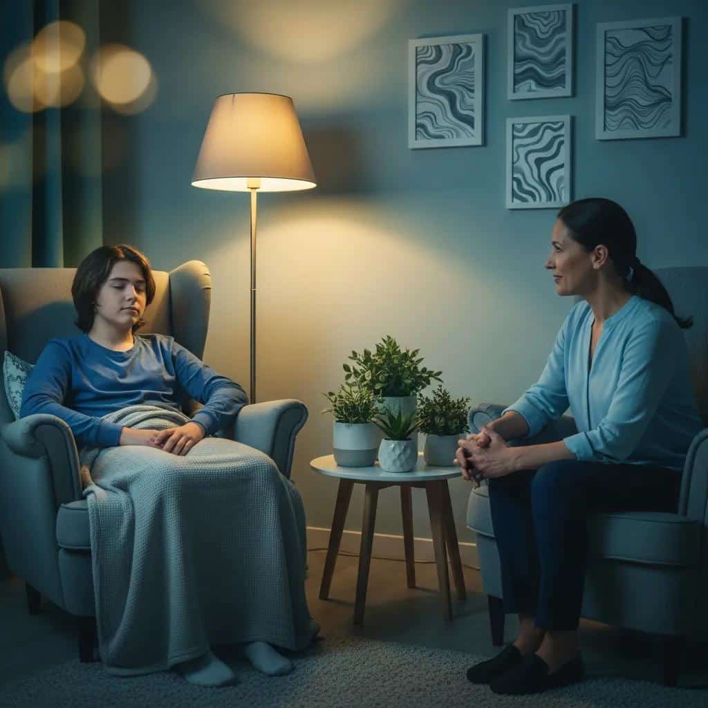 Teenager in a calming hypnotherapy session, illustrating the therapeutic environment for anxiety relief