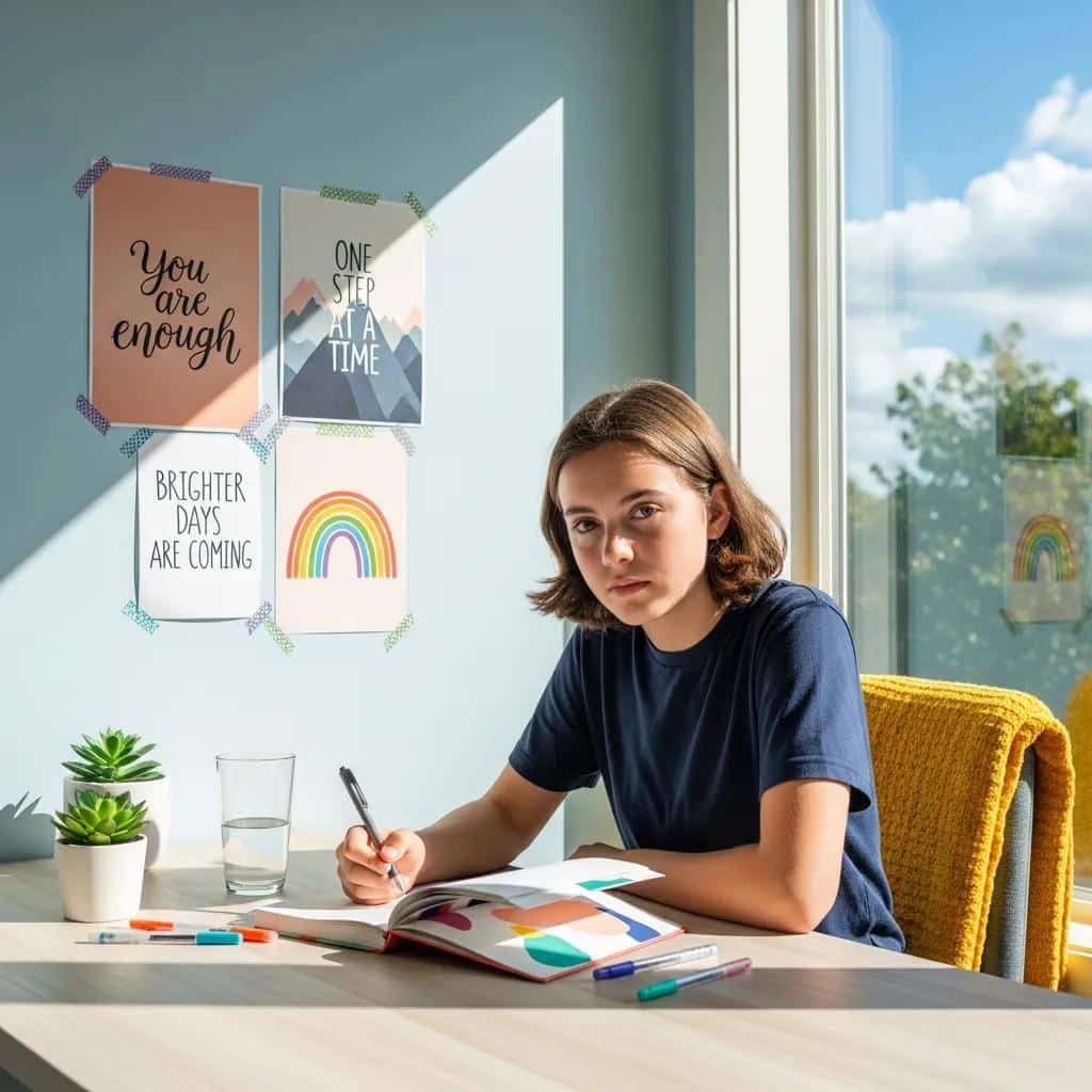 Teenager practicing CBT techniques in a bright, supportive environment