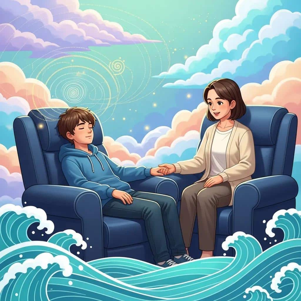 Teenager undergoing hypnotherapy with a therapist, surrounded by calming visuals of clouds and waves, representing relaxation and emotional healing.